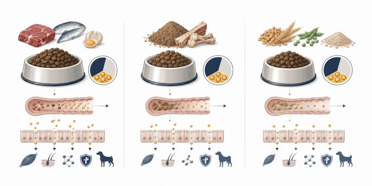 Vetenskaplig illustration som jämför tre hundfoder med samma råproteinhalt men olika proteinkällor: färskt kött, fisk och ägg; köttmjöl och bindvävsrik råvara; samt spannmål och vegetabiliska proteinkoncentrat.