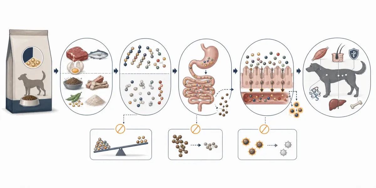 Vetenskaplig illustration av kedjan från råprotein på etiketten via proteinkällor, aminosyraprofil, matsmältning och upptag till kroppens vävnader och funktioner, med förluster vid låg smältbarhet, obalanserad profil och värmeskada.