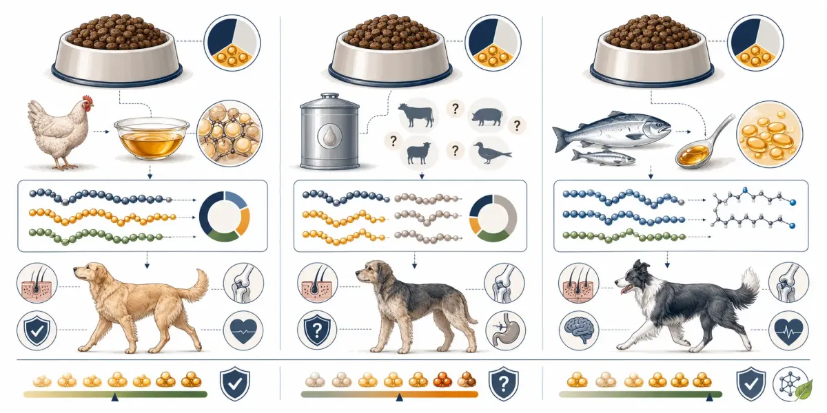 Vetenskaplig illustration som jämför tre hundfoder med samma råfetthalt men olika fettkällor: kycklingfett, ospecificerat animaliskt fett samt fiskolja med tydligt angivna nivåer av EPA och DHA.