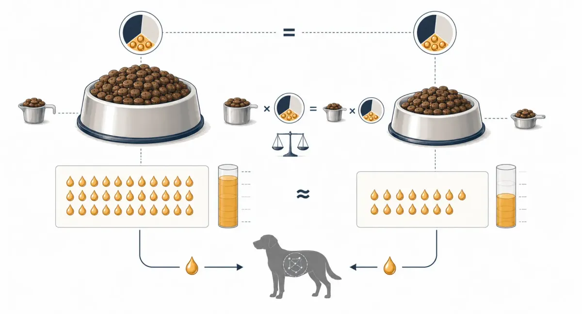 Vetenskaplig illustration av två hundfoder med 12 procent råfett men olika dagsgivor: 350 gram ger 42 gram fett och 180 gram ger 21,6 gram fett.