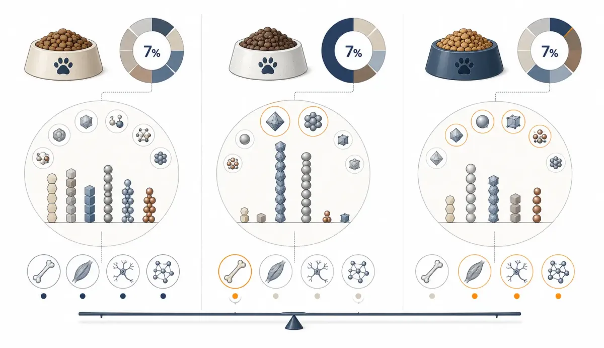 Vetenskaplig illustration som jämför tre hundfoder med samma råaskhalt men olika mineralprofil: ett balanserat foder, ett benrikt foder med högt kalcium och fosfor samt ett foder med lägre kalcium men mer natrium och andra mineraler.