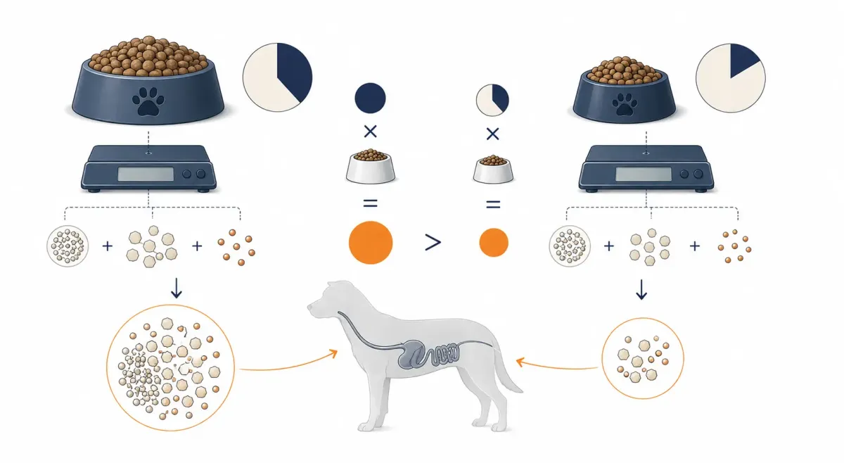 Vetenskaplig illustration av två hundfoder där 40 procent NFE och 300 gram dagsgiva ger 120 gram NFE, medan 30 procent NFE och 180 gram dagsgiva ger 54 gram NFE.