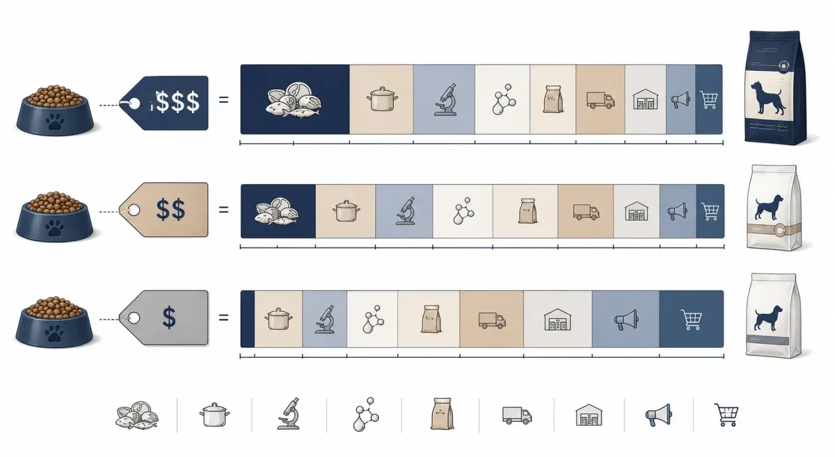 Vetenskaplig illustration av en prislapp uppdelad i råvaror, tillagning, kvalitetskontroll, förpackning, transport, lager, marknadsföring och återförsäljarled.
