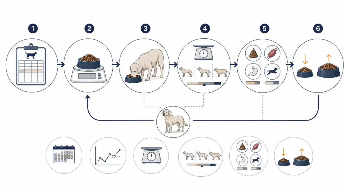 Vetenskaplig illustration av ett utfodringsflöde från rekommenderad fodergiva och vägning av maten till uppföljning av hundens vikt, hull, avföring, muskler och energi samt justering av portionen.